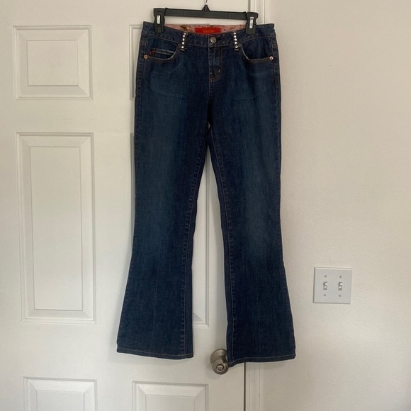 Level 99 flared leg darker denim jeans with rhinestone belt loops. - Picture 1 of 16